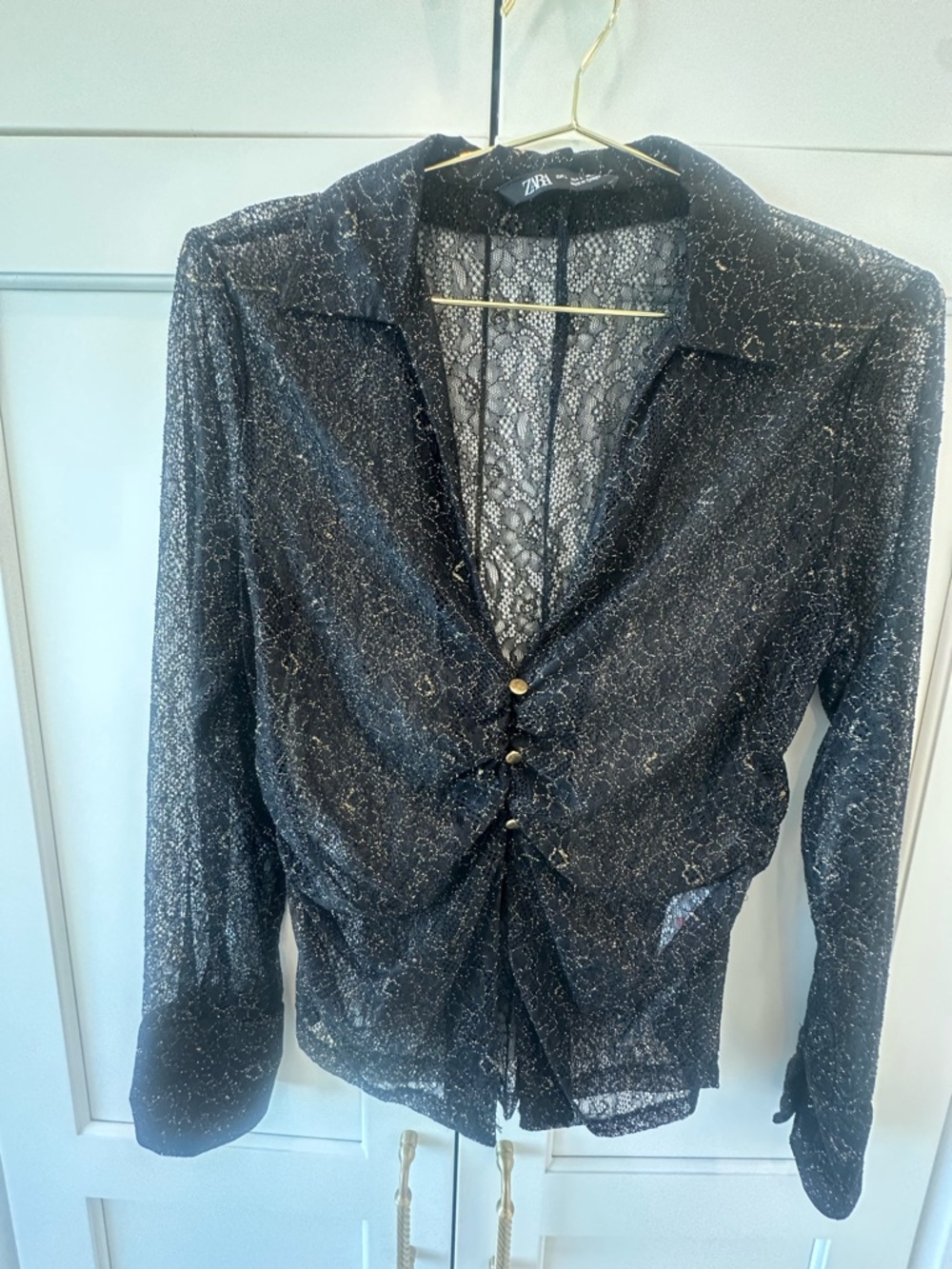 Zara Black Sheer Lace Blouse with Gold Threading